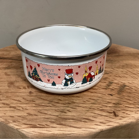 “3/$15” - “Merry Christmas To You” - Metal & Enamel Coated Snowman Themed Bowl - Picture 2 of 10